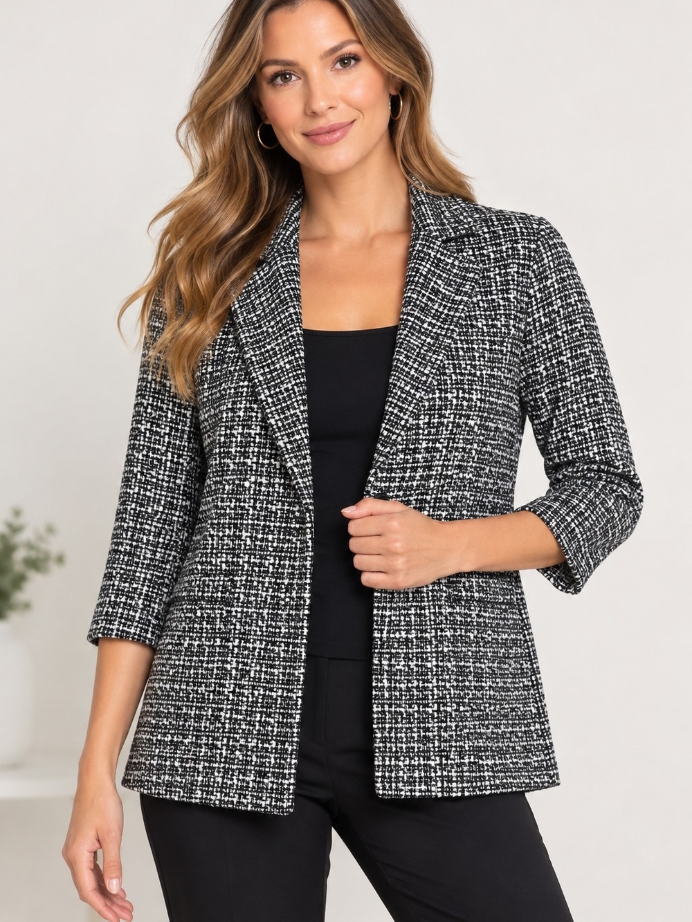 Nanette Lepore Women’s Large Black White Tweed Boucle Open Front Blazer Jacket
